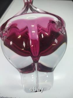 Hand Made Chribska Sklo Art Glass Czrech Flower Shaped Basket Cranberry Pink