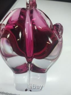 Hand Made Chribska Sklo Art Glass Czrech Flower Shaped Basket Cranberry Pink
