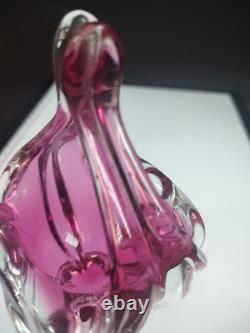 Hand Made Chribska Sklo Art Glass Czrech Flower Shaped Basket Cranberry Pink