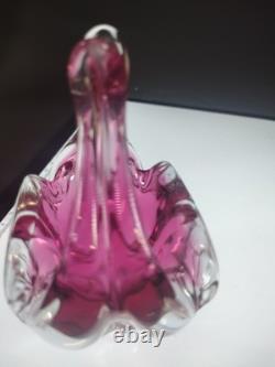Hand Made Chribska Sklo Art Glass Czrech Flower Shaped Basket Cranberry Pink