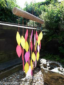 Hand Made Glass Waterfall Garden Art Pink Leaf Wind Chime Mobile Windchime
