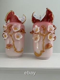 Hand blown art glass vases set of 2! Coated with ruffled flowers (retail $500)