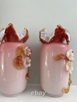 Hand blown art glass vases set of 2! Coated with ruffled flowers (retail $500)