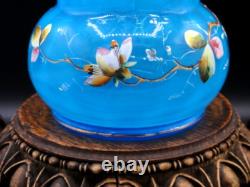 Harrach Victorian Blue Opalescent Hand Painted Enamel Pink Floral Art Glass Vase
