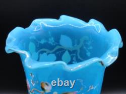 Harrach Victorian Blue Opalescent Hand Painted Enamel Pink Floral Art Glass Vase