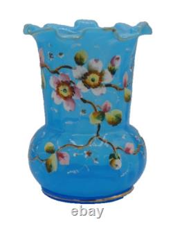 Harrach Victorian Blue Opalescent Hand Painted Enamel Pink Floral Art Glass Vase