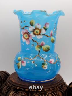 Harrach Victorian Blue Opalescent Hand Painted Enamel Pink Floral Art Glass Vase