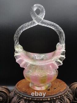 Harrach Victorian Bohemian Pink & Gold Ribbon Art Glass Basket w Silver Mica