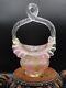 Harrach Victorian Bohemian Pink & Gold Ribbon Art Glass Basket w Silver Mica