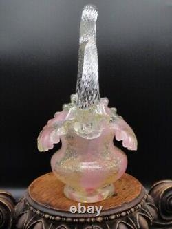 Harrach Victorian Bohemian Pink & Gold Ribbon Art Glass Basket w Silver Mica