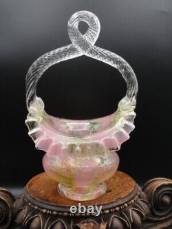Harrach Victorian Bohemian Pink & Gold Ribbon Art Glass Basket w Silver Mica
