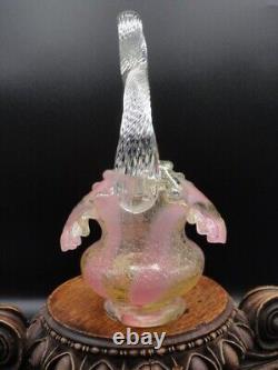Harrach Victorian Bohemian Pink & Gold Ribbon Art Glass Basket w Silver Mica