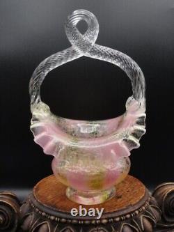 Harrach Victorian Bohemian Pink & Gold Ribbon Art Glass Basket w Silver Mica