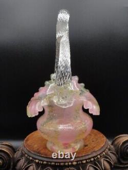 Harrach Victorian Bohemian Pink & Gold Ribbon Art Glass Basket w Silver Mica