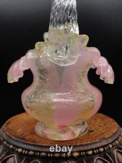 Harrach Victorian Bohemian Pink & Gold Ribbon Art Glass Basket w Silver Mica
