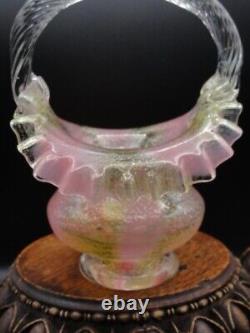 Harrach Victorian Bohemian Pink & Gold Ribbon Art Glass Basket w Silver Mica
