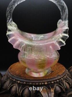 Harrach Victorian Bohemian Pink & Gold Ribbon Art Glass Basket w Silver Mica
