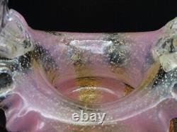 Harrach Victorian Bohemian Pink & Gold Ribbon Art Glass Basket w Silver Mica