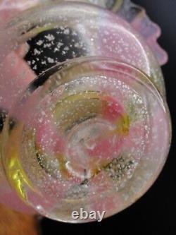 Harrach Victorian Bohemian Pink & Gold Ribbon Art Glass Basket w Silver Mica