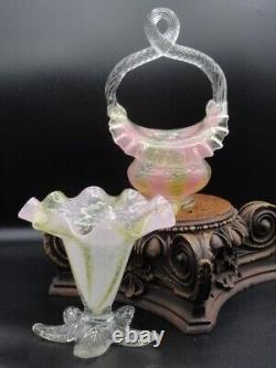 Harrach Victorian Bohemian Pink & Gold Ribbon Art Glass Basket w Silver Mica