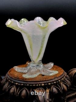 Harrach Victorian Pink Opalescent & Gold Art Glass Floriform Vase w Silver Mica