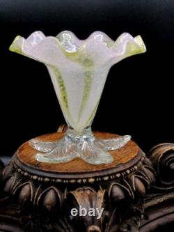Harrach Victorian Pink Opalescent & Gold Art Glass Floriform Vase w Silver Mica
