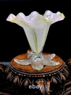 Harrach Victorian Pink Opalescent & Gold Art Glass Floriform Vase w Silver Mica