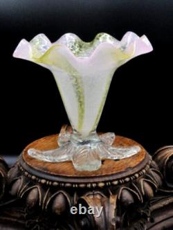 Harrach Victorian Pink Opalescent & Gold Art Glass Floriform Vase w Silver Mica