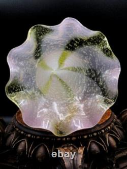 Harrach Victorian Pink Opalescent & Gold Art Glass Floriform Vase w Silver Mica