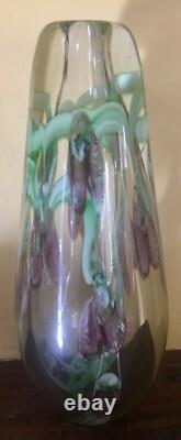 Heavy Art Glass Paperwieght VASE Clear with Encased Pink Flowers Murano 8 tall