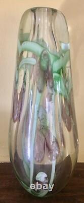 Heavy Art Glass Paperwieght VASE Clear with Encased Pink Flowers Murano 8 tall