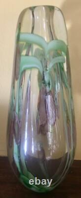 Heavy Art Glass Paperwieght VASE Clear with Encased Pink Flowers Murano 8 tall