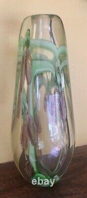 Heavy Art Glass Paperwieght VASE Clear with Encased Pink Flowers Murano 8 tall