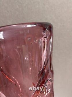 Heavy Vintage Murano Style Sculpted Curve Cranberry Pink Art Glass Vase 11x4