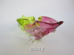 Heavy mid century green pink colourful twisted Czech sommerso rib glass bowl 60s