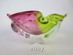 Heavy mid century green pink colourful twisted Czech sommerso rib glass bowl 60s