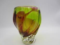 Heavy mid century green pink colourful twisted Czech sommerso rib glass vase 60s