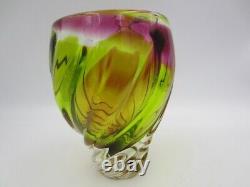 Heavy mid century green pink colourful twisted Czech sommerso rib glass vase 60s