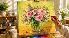 How To Paint A Pink Rose Bouquet In A Glass Vase Easy Acrylic Painting Tutorial