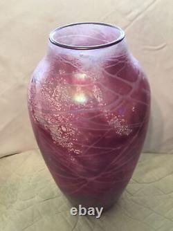 Huge Tom Stoenner 14 1/4 Pink Iridescent Art Glass Vase signed 1997 Stunning