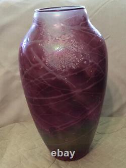 Huge Tom Stoenner 14 1/4 Pink Iridescent Art Glass Vase signed 1997 Stunning