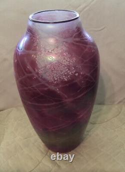 Huge Tom Stoenner 14 1/4 Pink Iridescent Art Glass Vase signed 1997 Stunning