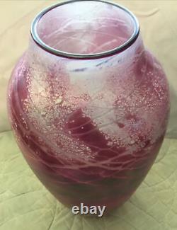 Huge Tom Stoenner 14 1/4 Pink Iridescent Art Glass Vase signed 1997 Stunning