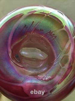 Huge Tom Stoenner 14 1/4 Pink Iridescent Art Glass Vase signed 1997 Stunning