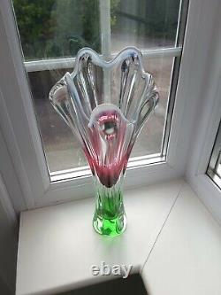 Huge vintage Czech Chribska pink & opal art glass vase design by Josef Hospodka