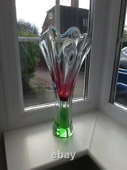 Huge vintage Czech Chribska pink & opal art glass vase design by Josef Hospodka