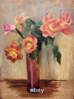 Impressionist bouquet pink red roses in a glass vase, vintage, 1950s