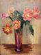 Impressionist bouquet pink red roses in a glass vase, vintage, 1950s