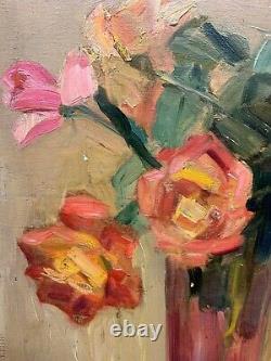 Impressionist bouquet pink red roses in a glass vase, vintage, 1950s
