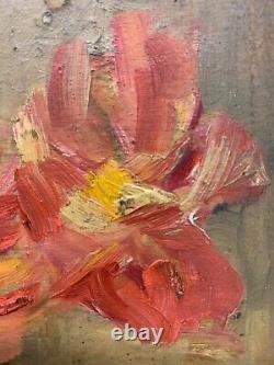 Impressionist bouquet pink red roses in a glass vase, vintage, 1950s